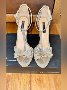 INC Bridal Silver T-Strap Bow Heels